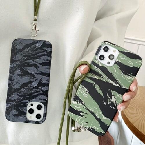 Camouflage Green Lanyard Phone Case For iPhone 11 12 Pro X XR XS Max Mini 7 8 Plus SE2 Crossbody Chain Silicone Shockproof Cover