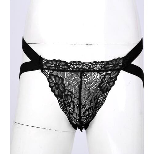 Breathable Men See-Hollow Through Lace Bulge Pouch G-String Elastic Waistband Jockstrap T-Back Low Waist Thongs Sissy Underwear