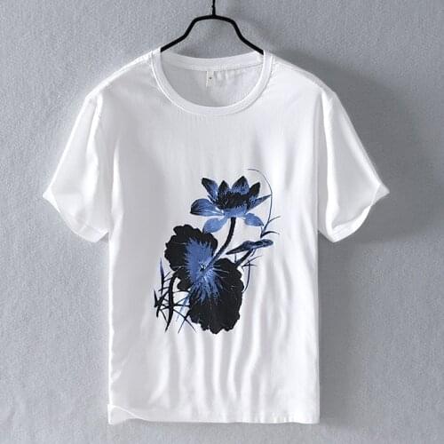 Summer Men Linen T-shirt Short Sleeve Chinese Ink Print Floral Print Cotton Linen Tshirts Boys Lotus White Tee Shirts Oversize