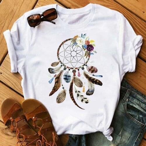 Women Summer Short Sleeve Dreamcatcher Feather Fashion Print Lady T-shirts Top T Shirt Ladies Womens Graphic Tee T-Shirt