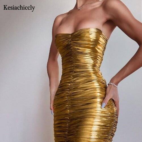 Kesiachiccly Bling Sparkly Women Midi Dress Ruched Off Shoulder Backless Bodycon Sexy Party Club Summer Pleated Elegant Dress