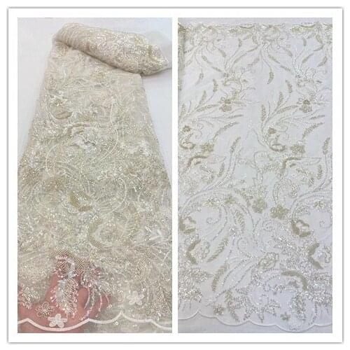African French Net Lace Fabric with beads sequins SYJ-328883 High Quality Tulle Mesh Lace Nigerian Wedding Dress Lace For Woman