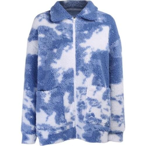 Women Winter Tie Dye Zipper Coat Turn Down Collar Long Sleeve Plush Warm Jacket