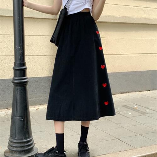 Japan Style Summer Skirt Kawaii Love Embroidery High-waisted Skirt Harajuku Mid-Calf A-LINE Skirt Korean Fashion Woman Clothes