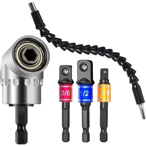 Drill Bit Set, 1X Flexible Drill Bit Extension, 3Pcs Socket Adapter, 1/4Inch Hex Shank 105° Right Angle Drill Adapter