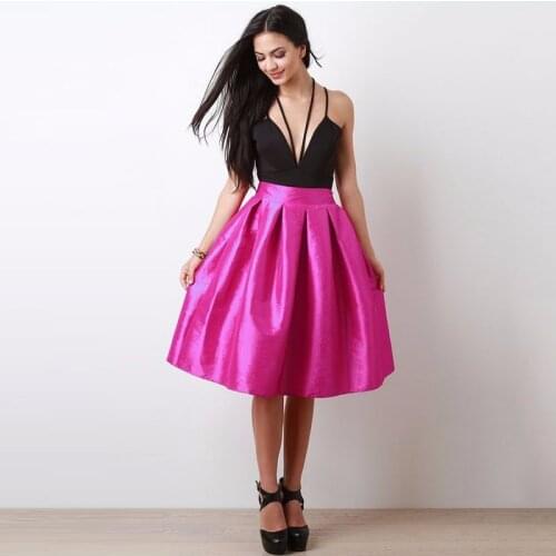 Cheap Party Short Skirt Rose Red Pleated Skirt Girl saia Custom Made Midi Skirts Fuchsia Puffy Chic