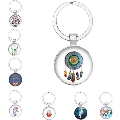 New Fashion Dream Catcher Hue Keychain Dream Catcher Feather Round Glass Photo Keychain Men And Women Holiday Gifts