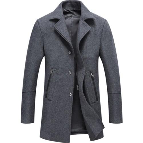 New Winter Wool Coat Men Single Breasted Grey Long Trench Coat Casual Wool & Blends Jacket Slim Fit Fashion Mens Woolen Overcoat