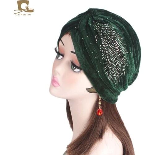 New fashion women luxury velvet turban rhinestoned ruffle turban hair cap Turbante Hat Women Hijab Headwear