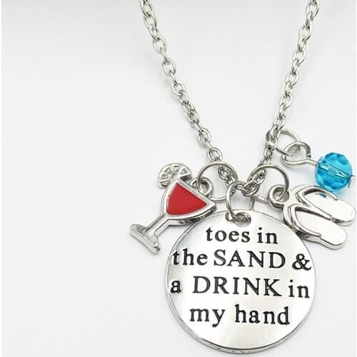 Toes In The Sand & A Drink In My Hand Necklace Wineglass Flip Flop Starfish Charms Fashion Summer Jewelry 2021