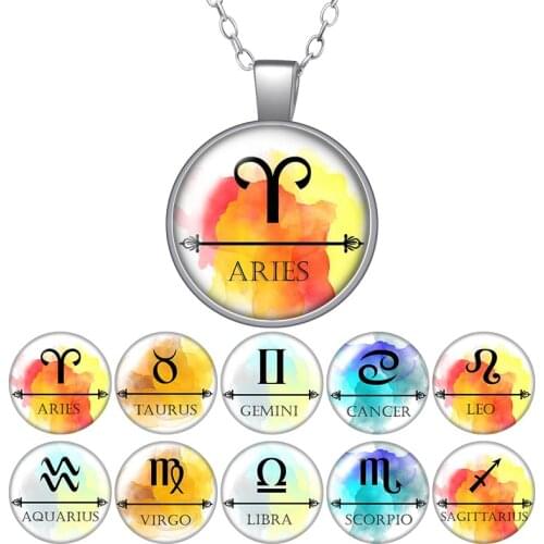 Symbol 12 constellations Silver color/Bronze Pendant Necklace 25mm Glass Cabochon Woman Girls Jewelry Birthday Gift 50cm