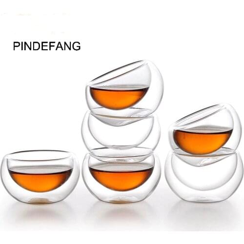 PINDEFANG 6 pcs 50ml Double wall Glass Kungfu Tea Coffee Cup Daily Drinkware Juice cup Water Tea Milk giftset Mini Glass Cup