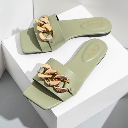 Women Summer Slippers Fashion Metal Decoration Female Shoes Causal Ladies Square Toe Flat Outdoor Slides Open Toe Lady Shoes