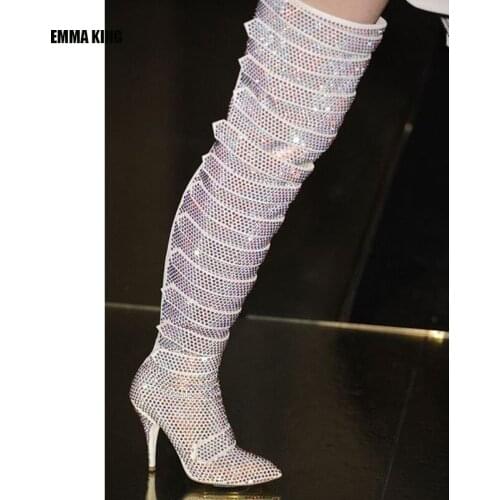 Women Luxury Gold/sliver Rhinestone Studded Thigh High Boots Design Crystal Over the knee Catwalk Women Boots 2020