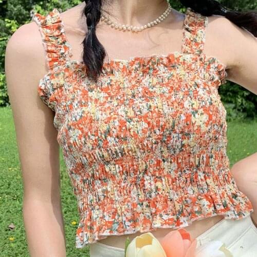 Women Sexy Cute Floral Print Camisole Crop Top Lace up Tank Top Slim Female Vest Basic Top