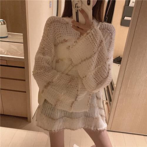 Women Fashion O Neck Sweaters 2020 Spring Oversize Hollow Out Pullovers Tops Female Casual Striped Loose Knit Sweater Jumpers