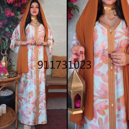 Womens Long Muslim Dress Turkey Dubai Fashion Abayas Printed Floral Boho Robe Moroccan Oriental Dress Jelaba Femme Musulman