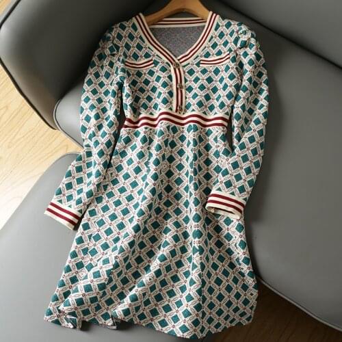 French Style Plaid Sweater Dress Women Elegant High Quality Autumn Winter Vintage Ladies Knitted Party Dresses Vestidos Robe