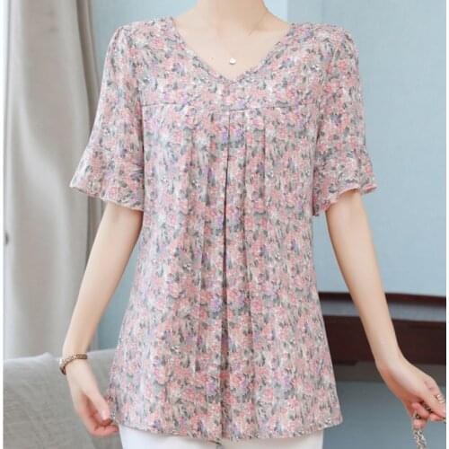 #4020 Pink Yellow Purple Top Middle-aged And Old Women Dress Loose Size Shirt T-shirt V Neck Floral Short Sleeve Blouse Casual