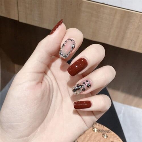27g Wine Red Black Water Droplets and Rhinestone Decorated Full Cover Fake Nails Mid-length Square Head Fingernails WH998