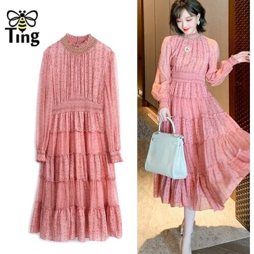 Tingfly Runway Designer Fashion Pink Floral Glitter Crystal Midi Long Party Dresses Spring Autumn A Line Ruched Vestidos Trendy