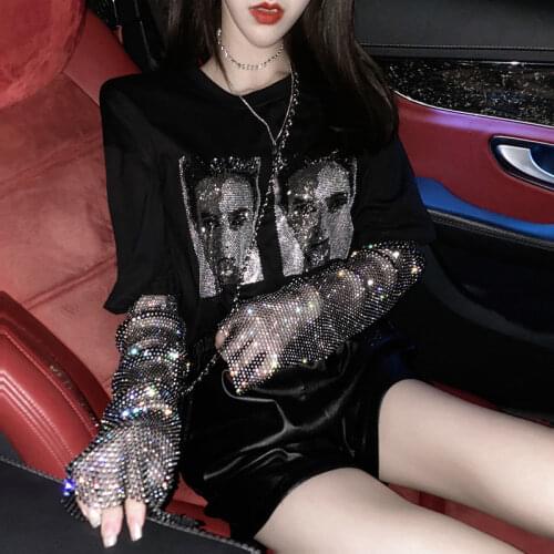Heavy Embroidery Hot Drilling Graphic T Shirts Black Shining Sleeves Fake Two Loose O-Neck T-shirt Female Gothic Punk Clothes