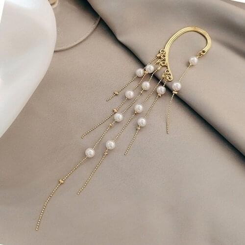 LOVOACC Personality Baroque Pearl Long Tassel Ear Clip Earring Punk Drop Dangle Ear Cuff Earring for Women Elegant Party Jewelry
