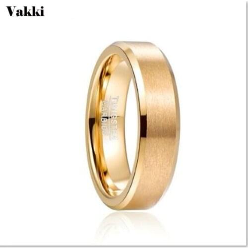 VAKKI 6mm Tungsten Staeel Gold Color Ring Matte Finish Beveled Mens Promise Wedding Anel Masculino Men Jewerly