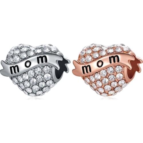 New Rhinestone Heart-Shaped MOM Pendant DIY Beads Suitable for Original Pandora Charm Bracelet Ladies Jewelry Making Gifts