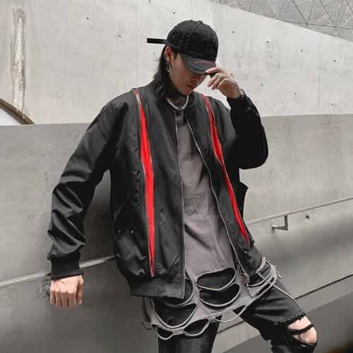 Fake zipper Baseball jacket men High street Punk rock stylish Black coat Loose Autumn Winter