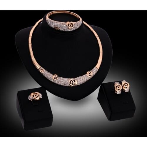Fashion Wedding Jewelry Set Gold Color Full Rhinestone Necklace Bangle Ring Earrings Party Set