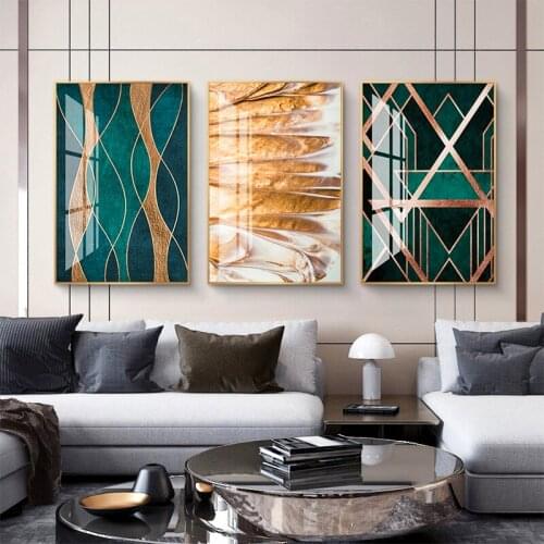 New Geometric Abstract Canvas Painting Light Luxury Colorful Gold Green Wall Art Poster Design For Living Room Home Decor