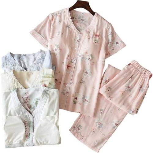 Summer New Women Cotton Satin Pyjama Set Floral Printed Sleepwear Ladies V-Neck Top+Pants 2Pcs Set Loose Homewear With Chest Pad