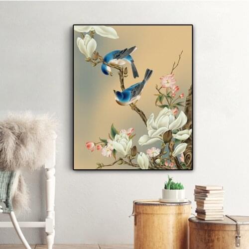 Chinese Style Classical Birds Magnolia Flower Tree Scenery Oil Canvas Printings Poster Printed Wall Art Picture Home Decoration