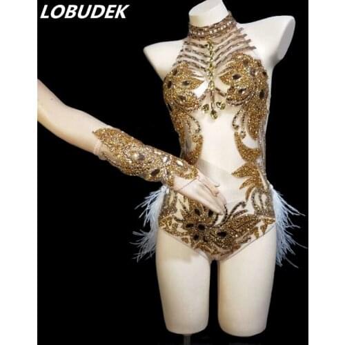 Gold Rhinestones Feathers Mesh See-through Halter Bodysuit Sexy Backless Stage Outfit Nightclub Women DJ Singer Dance Costumes