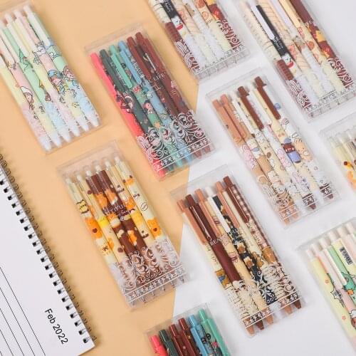 6 Pcs/Set Cute Cartoon Gel Pen Stationery Creative Press 0.5mm Black Ink Retractable Journal Writing Pen School Supplies Kawaii