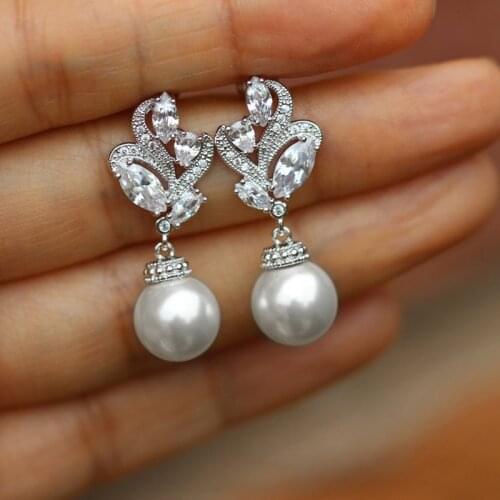 Huitan New Silver Color Simulated Pearl Drop Earrings for Women Shiny Cubic Zirconia Romantic Bridal Wedding Engagement Jewelry