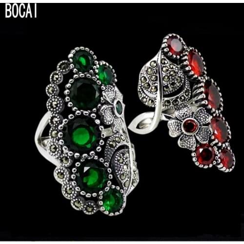 New 100% S925 pure silver jewelry green zircon red pomegranate exaggerated flower silver ring female fashion womans silver ring