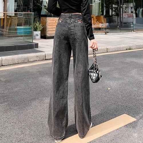 2021 Woman Jeans High Waist Clothes Wide Leg Denim Trousers Blue Streetwear Vintage Embroidery Fashion Harajuku Straight Pants