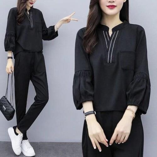 2020 Spring Autumn New Female Tracksuits Fashion Clothes Casual Loose Black Tops and Pant 2 Piece Sets Women Sportswear Roupas