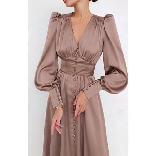 Women Spring/Autumn Dresses Tight Waist Puff Sleeve High Waist Deep V Neck Long Plus Size Dress