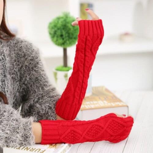 1 Pair Autumn Winter Women Knit Gloves Arm Wrist Sleeve Hand Warmer Girls Rhombus Long Half Winter Mittens Fingerless Gloves