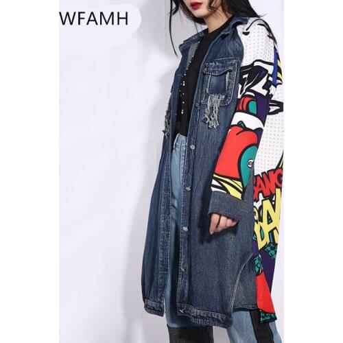 2020 New Spring Female Lapel Printed 2019 New SpSplit Joint Loose Long Plus Size Loose Denim Jacket Women Coat Fashion Jeans top