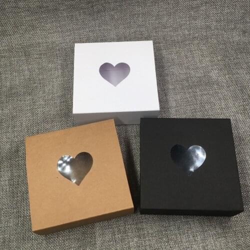 30pcs/Lot DIY Kraft Paper Drawer Boxes With Transparent PVC Heart Window For Candy Bean Chocolate Gifts Pull Push Drawer Boxes