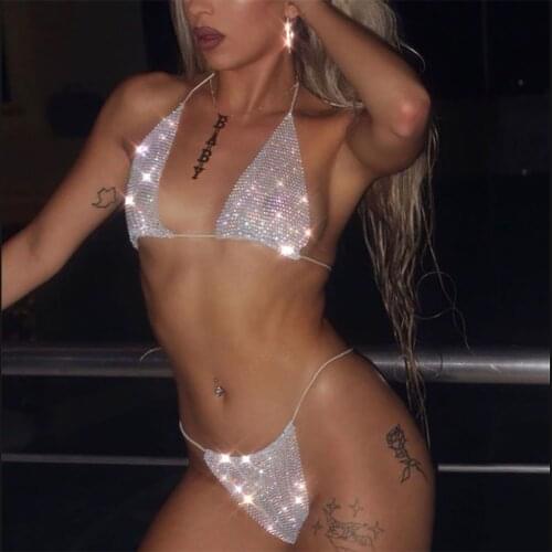 White Rhinestone Halter Mesh Bikini Set Summer Sexy Women Swimwear Backless Bikini Two Piece Suit Sling Thong Swimsuit