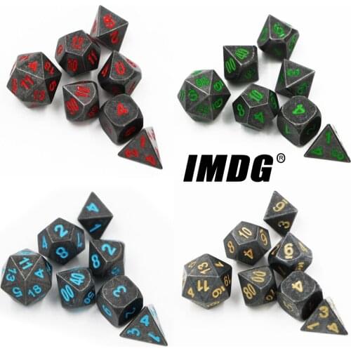 IMDG 7pcs/set Creative RPG Game Dice Polyhedron Metal Dice DND Plating Black Color Digital Game Dice