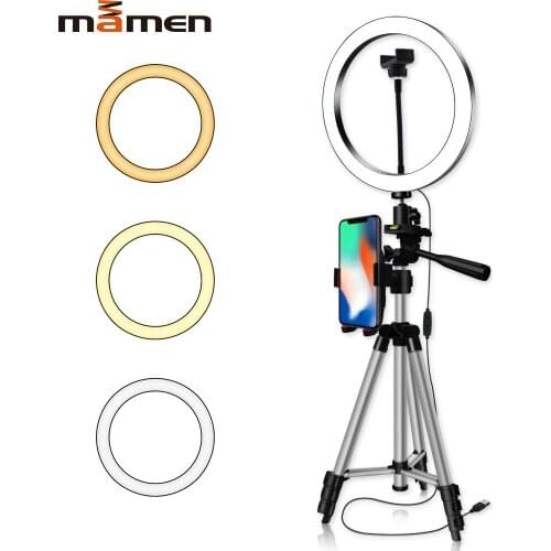 MAMEN 6/20/26CM Video Studio Selfie Ring Light Photography Dimmable Led Lighting For Youtube Live Photo Light With Phone Holder