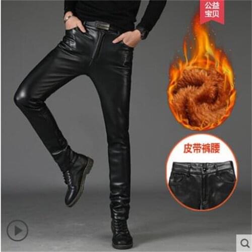 Leather pants mens брюки мужские slim feet plus velvet thicken warm waterproof windproof motorcycle trousers young black