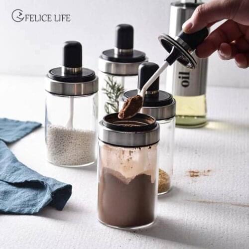 Kitchen Gadget Glass seasoning Storage Bottle Jars with Measure spoon Spice Pepper Container sealing Storage Box ketchup bottle
