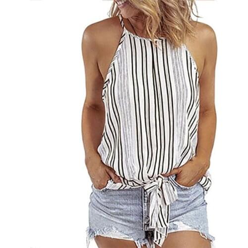 Womens Summer Halter Off Shoulder Tank Top Crew Neck Front Tie Knot Camisole Striped Printed Casual Loose Sling Vest Shrits
